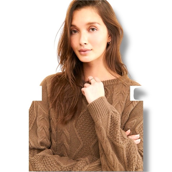 Vigoss Brown Cable Knit Front Tie Long Sleeve Cropped Crew Neck Sweater - Picture 3 of 16